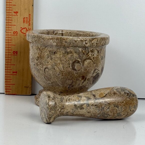Fossil Stone Mortar & Pestle Set 3.5”Tall Grinding Herbs Spices Kitchen Tool - Picture 4 of 5